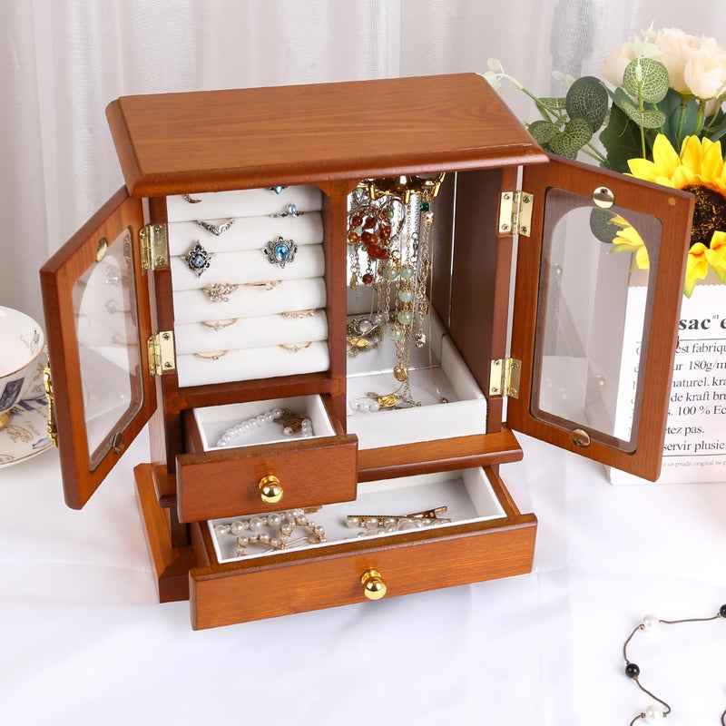 Kendal Wooden Jewelry Box for Women, Solid Jewelry Holder Organizer, Mothers Day Gifts, Wood Jewelry Case with Mirror for Necklaces, Earring, Rings (2 Side Door, Brown) - Image 2